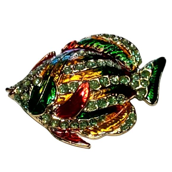Colorful Enamel Rainbow Fish Sparkle Brooch Pin 2" Gold Tone - Picture 2 of 4